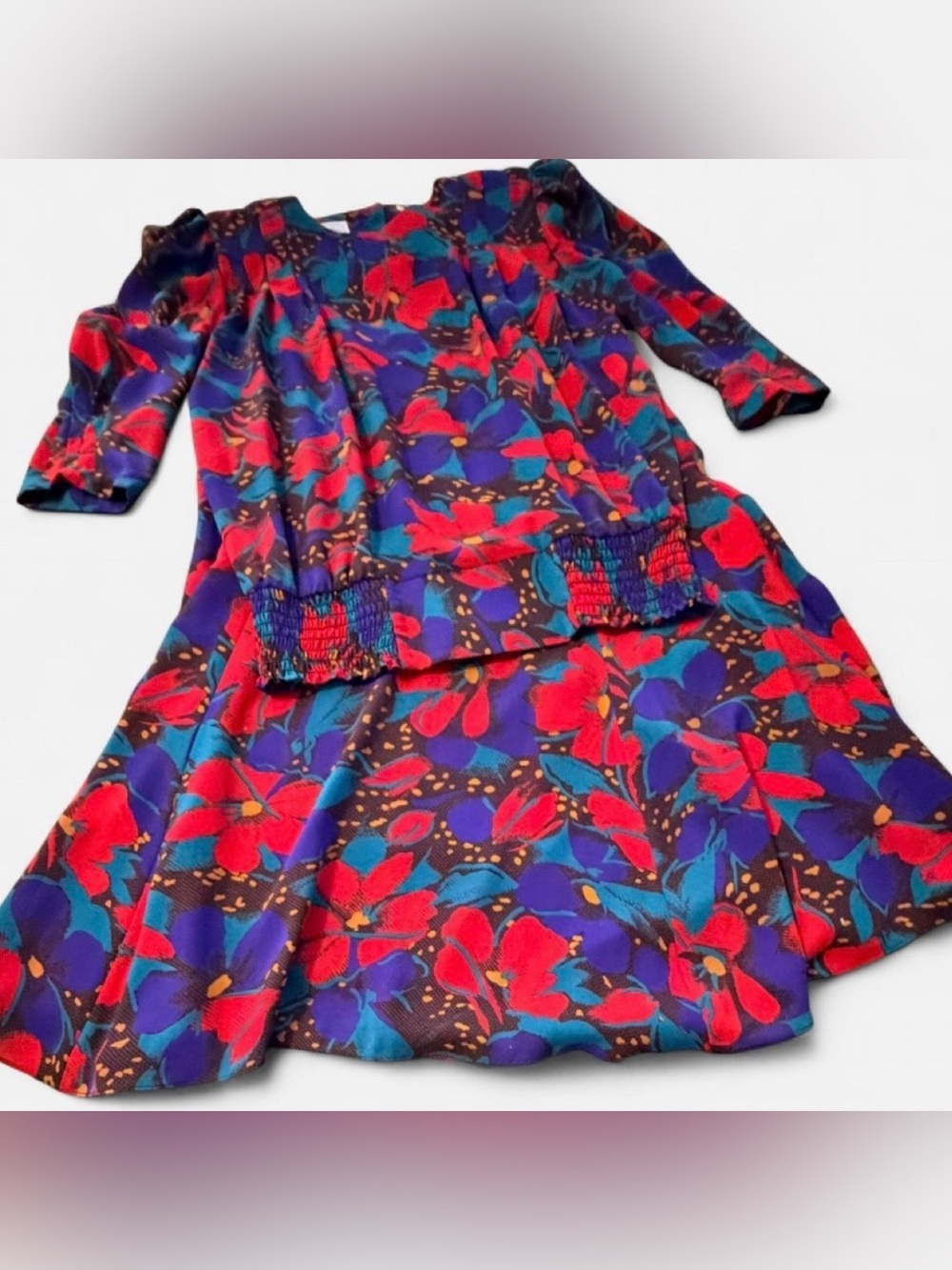 Leslie Fay Multicolored Floral Print 2 Piece Dress, Size 14 (Modern size 10-12)